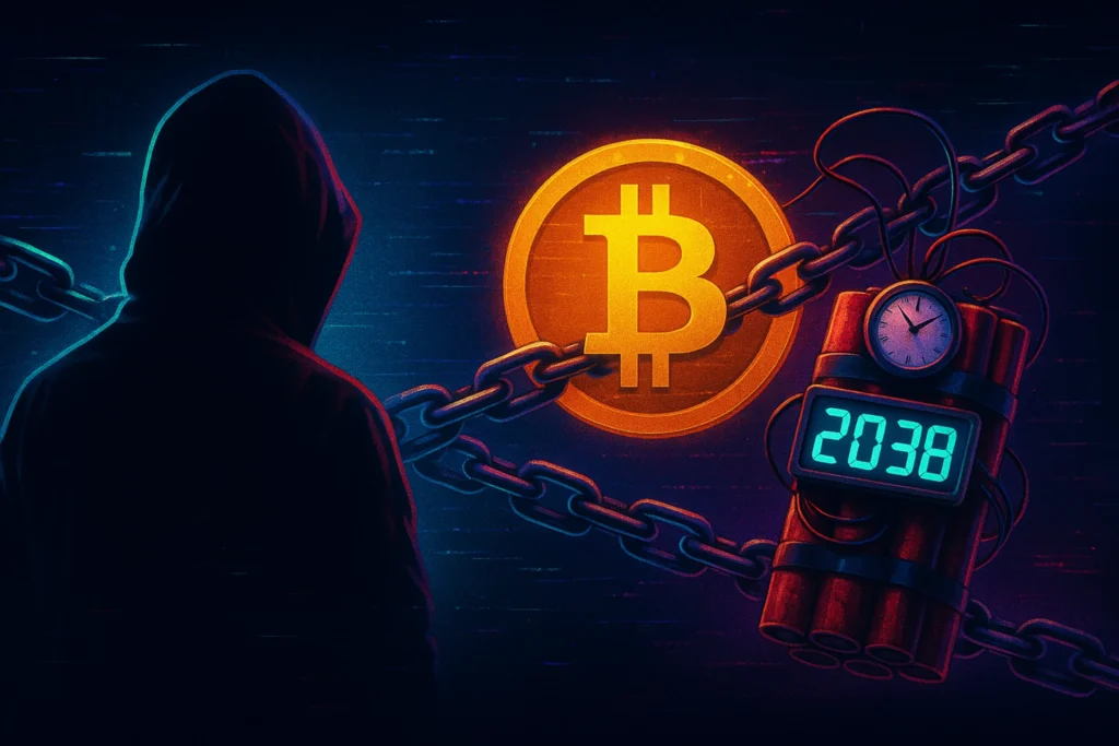 Symbolische Illustration zu Bitcoin und dem Jahr-2038-Problem: digitale Bombe mit Uhrzeit 2038, Bitcoin-Logo in Kette, Silhouette einer Person im Dunkeln.