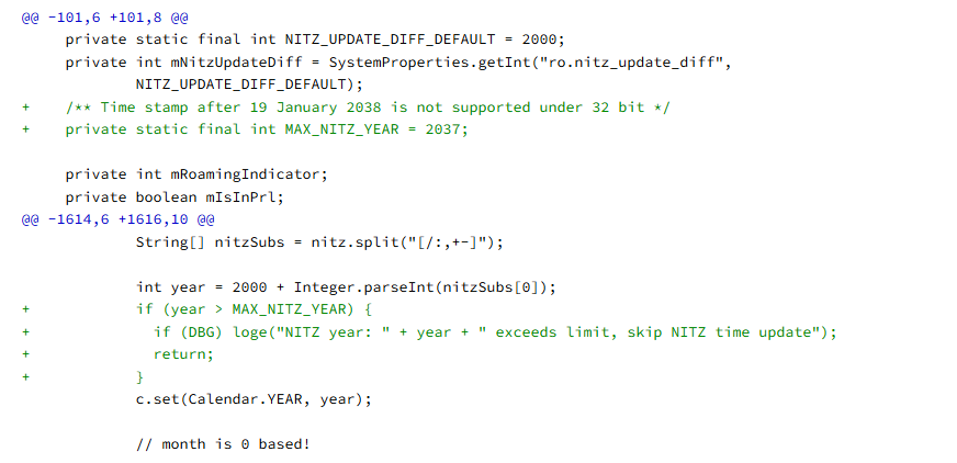 Code-Diff aus dem Android-Telephony-Stack: neue Konstante MAX_NITZ_YEAR = 2037 und Prüfung if (year > MAX_NITZ_YEAR) … return; zum Ignorieren von NITZ-Zeitwerten ≥ 2038.