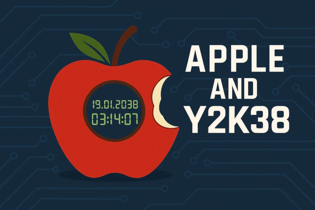 Ein angebissener Apfel mit einer digitalen Uhr, die das Datum 19.01.2038 03:14:07 zeigt. Rechts steht der Text „APPLE AND Y2K38“ auf einem dunkelblauen technischen Hintergrund. Symbolbild zum Jahr-2038-Problem bei Apple.