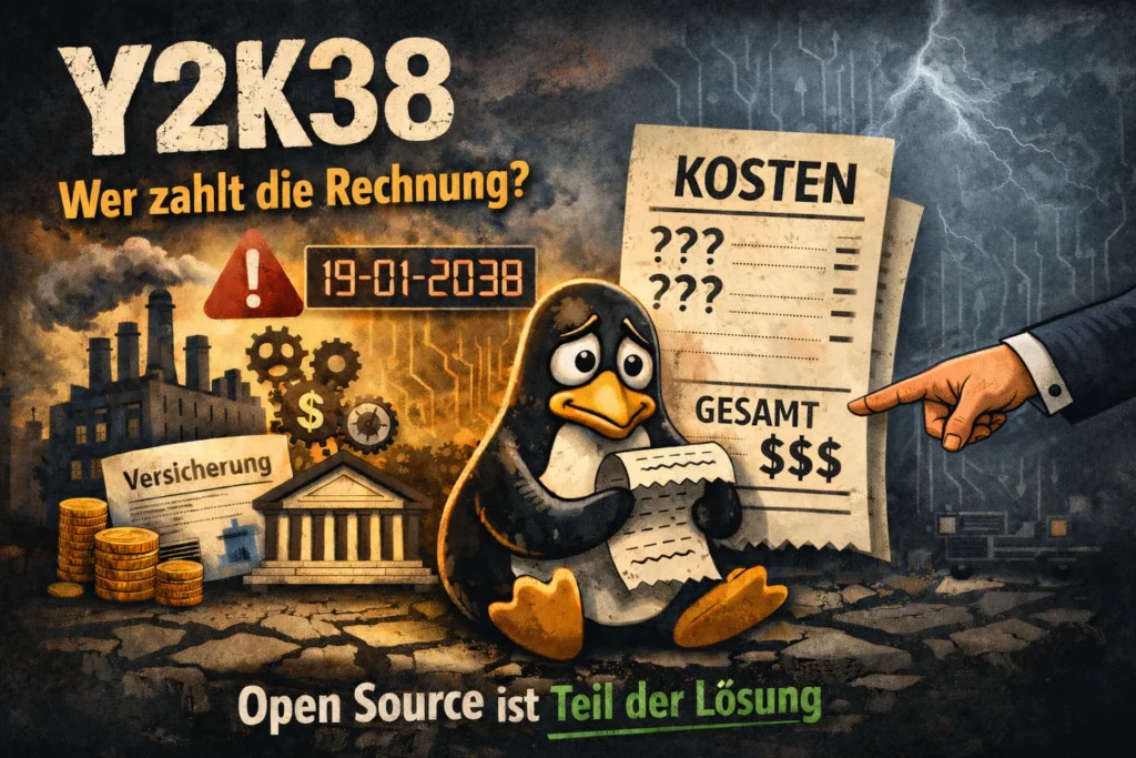 Illustration zum Y2K38-Bug mit Linux-Pinguin, Rechnung und Industrie im Hintergrund, die Kosten und Verantwortungsfrage darstellt