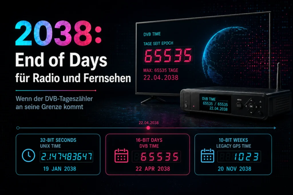 Grafik mit dem Titel „2038: End of Days für Radio und Fernsehen“. Zu sehen sind ein Fernseher und ein Receiver mit DVB-Zeitwert 65535 und dem Datum 22.04.2038. Darunter vergleicht eine Zeitleiste drei Zeit-Rollover: 32-bit Sekunden der Unix-Zeit am 19. Januar 2038, 16-bit Tage der DVB-Zeit am 22. April 2038 und 10-bit Wochen der Legacy GPS-Zeit am 20. November 2038.