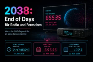 Grafik mit dem Titel „2038: End of Days für Radio und Fernsehen“. Zu sehen sind ein Fernseher und ein Receiver mit DVB-Zeitwert 65535 und dem Datum 22.04.2038. Darunter vergleicht eine Zeitleiste drei Zeit-Rollover: 32-bit Sekunden der Unix-Zeit am 19. Januar 2038, 16-bit Tage der DVB-Zeit am 22. April 2038 und 10-bit Wochen der Legacy GPS-Zeit am 20. November 2038.